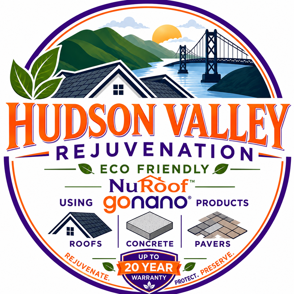 Hudson Valley Rejuvenation logo with roof, river, mountains and bridge